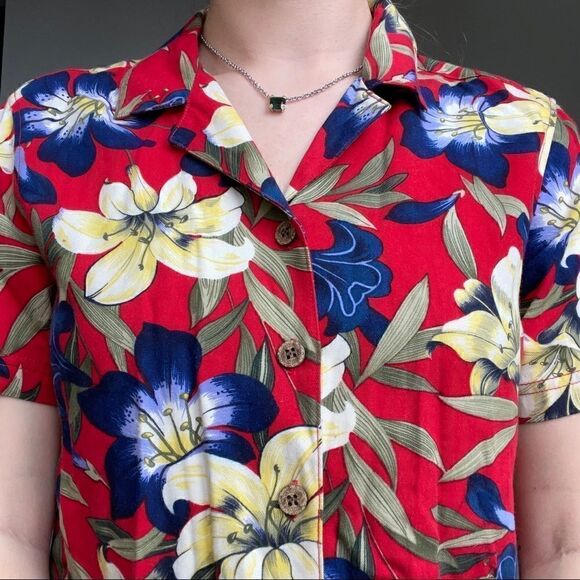 Vintage Women’s 90s Island Traders Red Tropical Floral Hawaiian Button Down Sz S - Picture 9 of 11